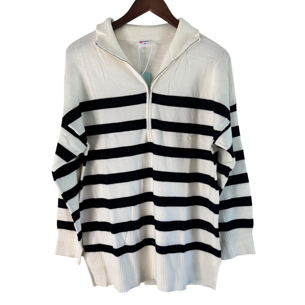 WIHOLL‎ Striped Pullover Sweater Quarter Zip Tunic Top Oversized Medium